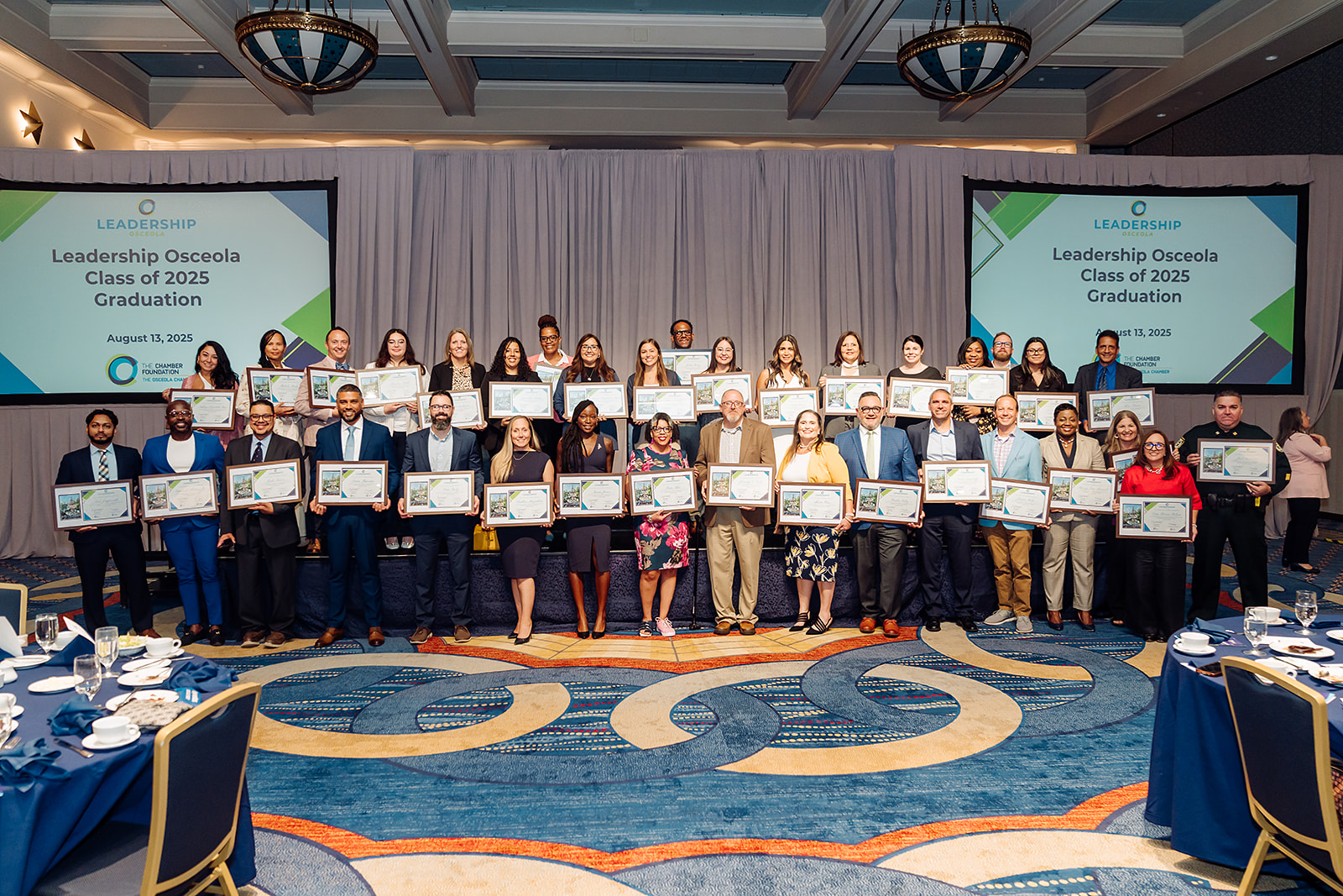  A large audience seated at round tables during The Osceola Chamber’s Osceola Update event, with a projected logo on the wall.