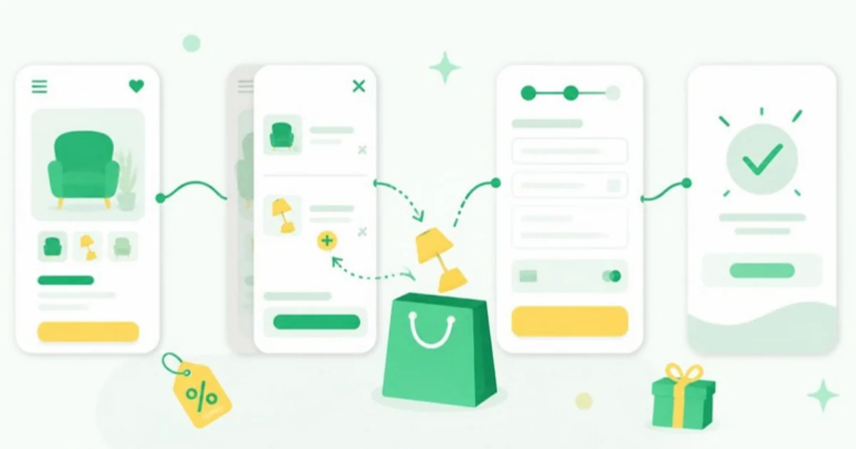 Illustration of Shopify upsell apps across the product page, cart, checkout and thank-you page