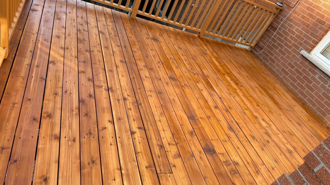Brampton Deck Restoration: Failing Solid Stain Removed, Cedar Deck Sanded and Refinished with Oil-Based Stain