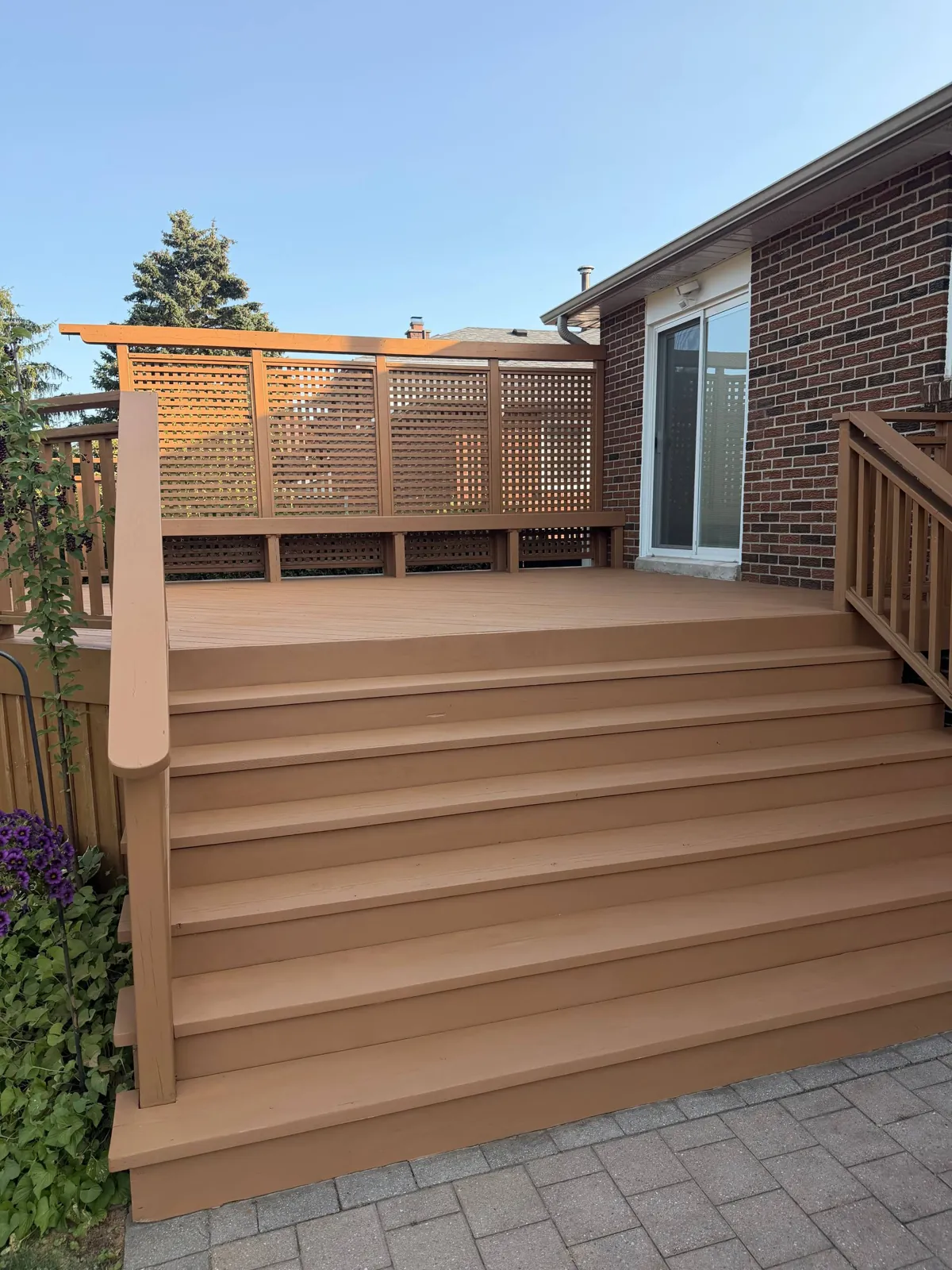 Deck Restoration in Scarborough: Failing Solid Stain Sanded Off, Deck, Stairs and Privacy Screen Refinished in Sherwin-Williams Solid Stain