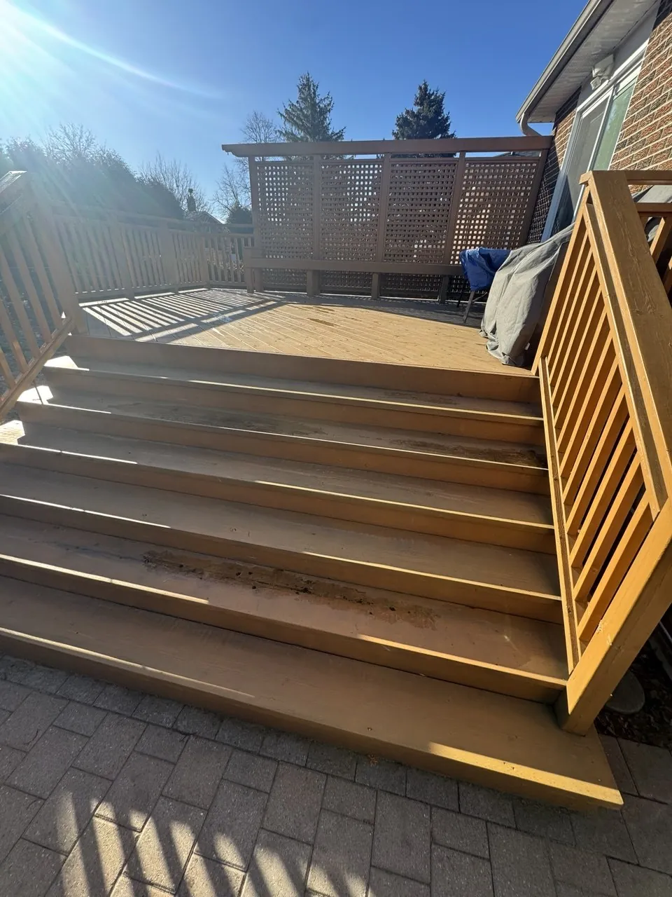 Deck Restoration in Scarborough: Failing Solid Stain Sanded Off, Deck, Stairs and Privacy Screen Refinished in Sherwin-Williams Solid Stain