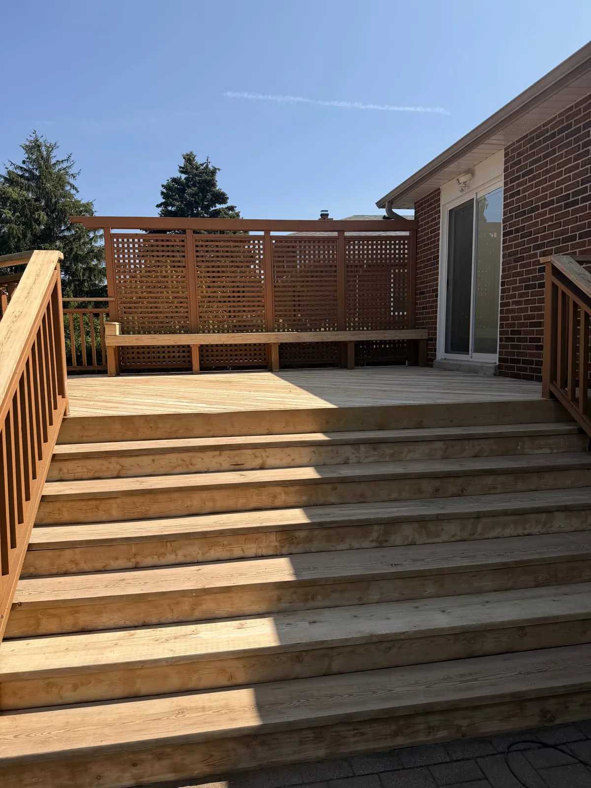 Deck Restoration in Scarborough: Failing Solid Stain Sanded Off, Deck, Stairs and Privacy Screen Refinished in Sherwin-Williams Solid Stain