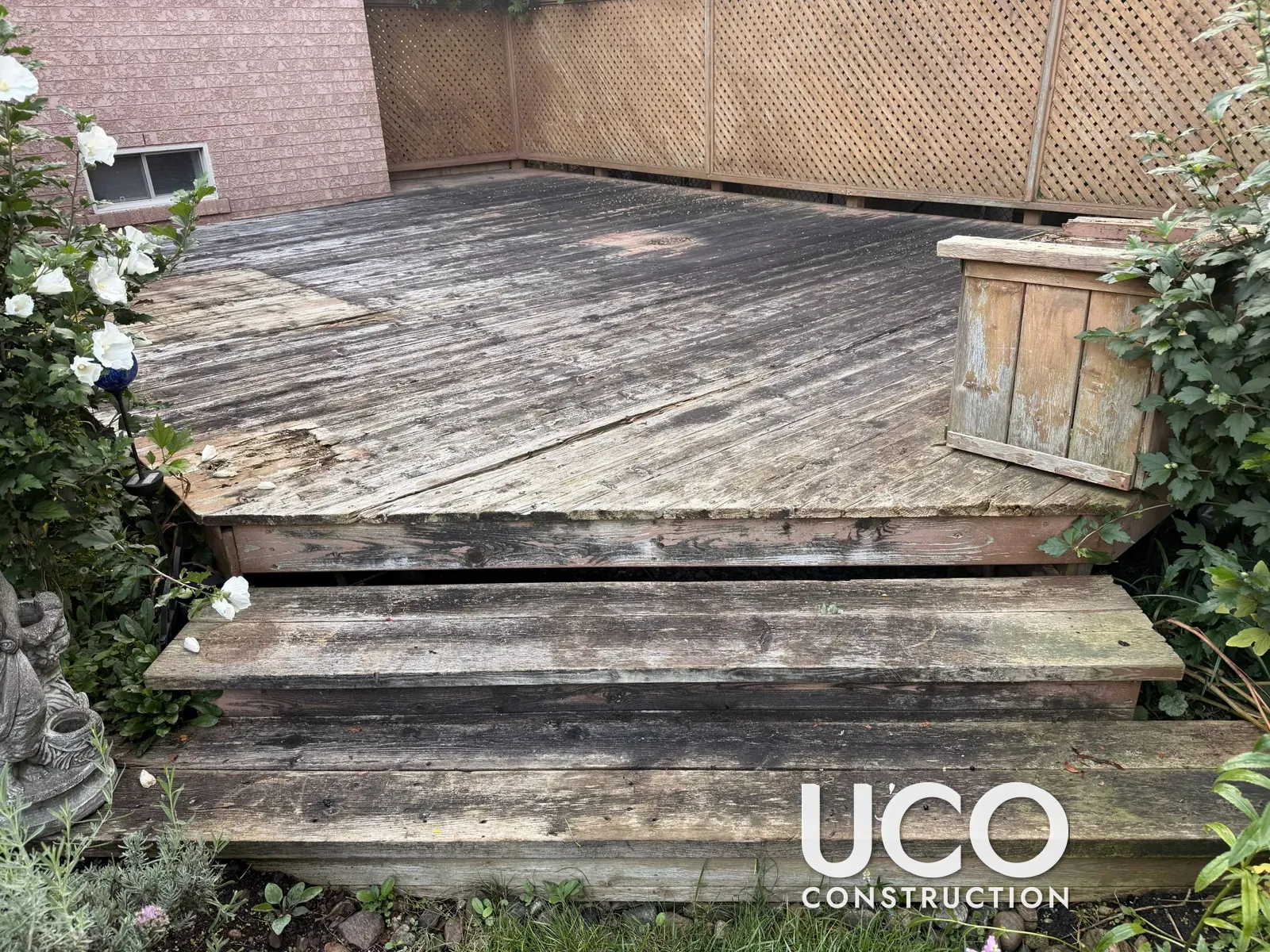 Deck Board Replacement in Oakville: Rotten, Delaminating Deck Boards and Stairs Removed and New Pressure-Treated Decking Installed on the Existing Frame