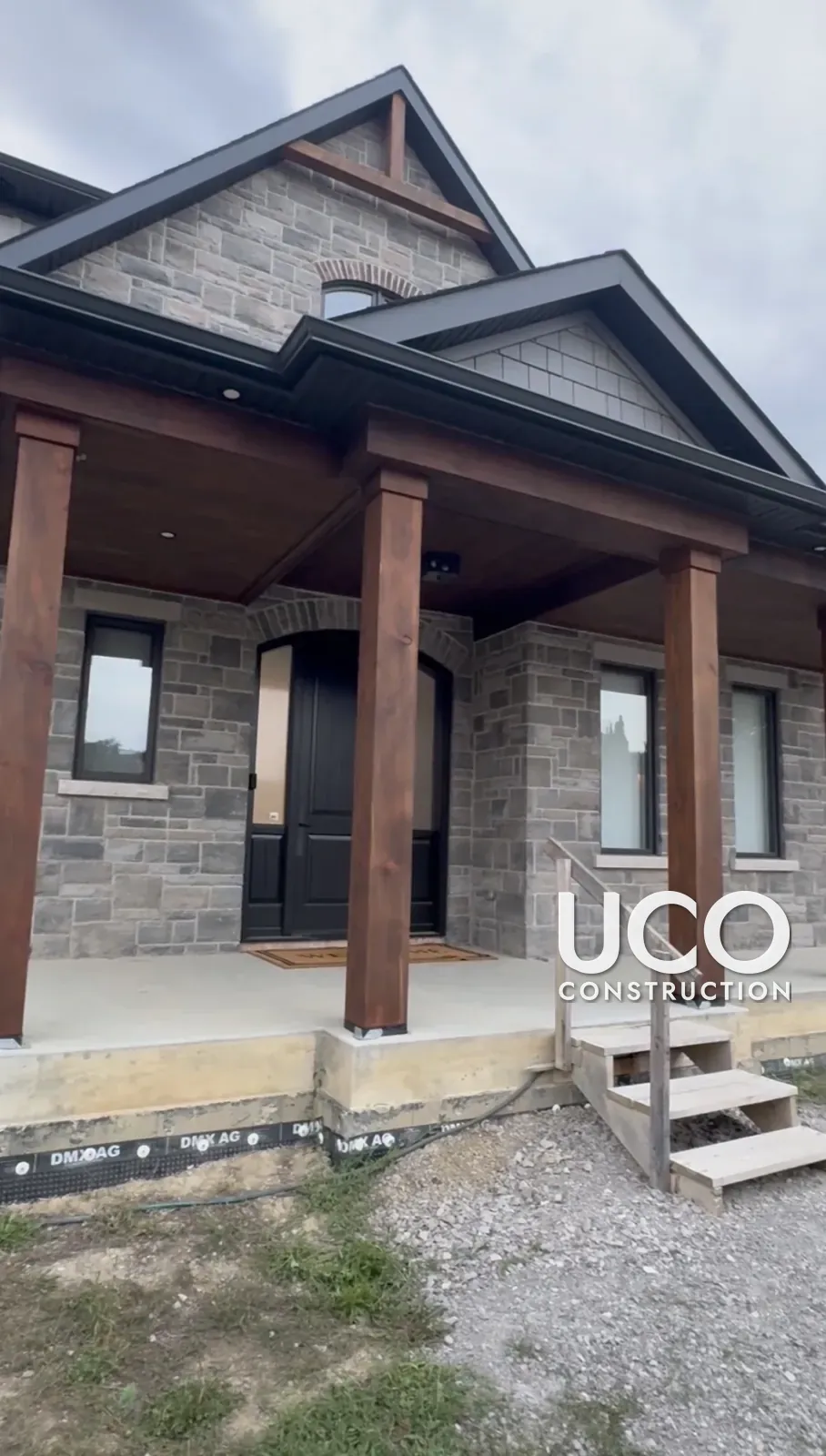 New-Build Exterior Wood Staining in Vaughan: Porch Posts, Covered Deck Ceiling, Beams and Gable Timbers Finished in Cutek Oil