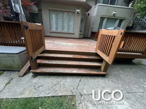 Cedar Deck Restoration in Toronto: Peeling Red Stain Sanded Off a Cedar Deck, Railings and Stairs, Refinished in a Driftwood-Brown Semi-Transparent Stain