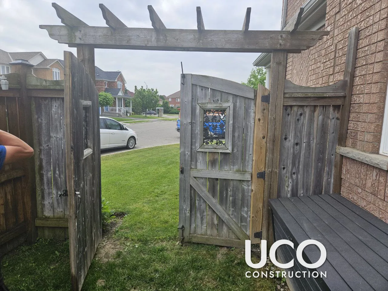 Fence and Gate Restoration in Brampton: Two New Wood Fence Gates Built, Grey Fence and Pergola Arbour Cleaned, Pressure Washed, Sanded and Stained Brown