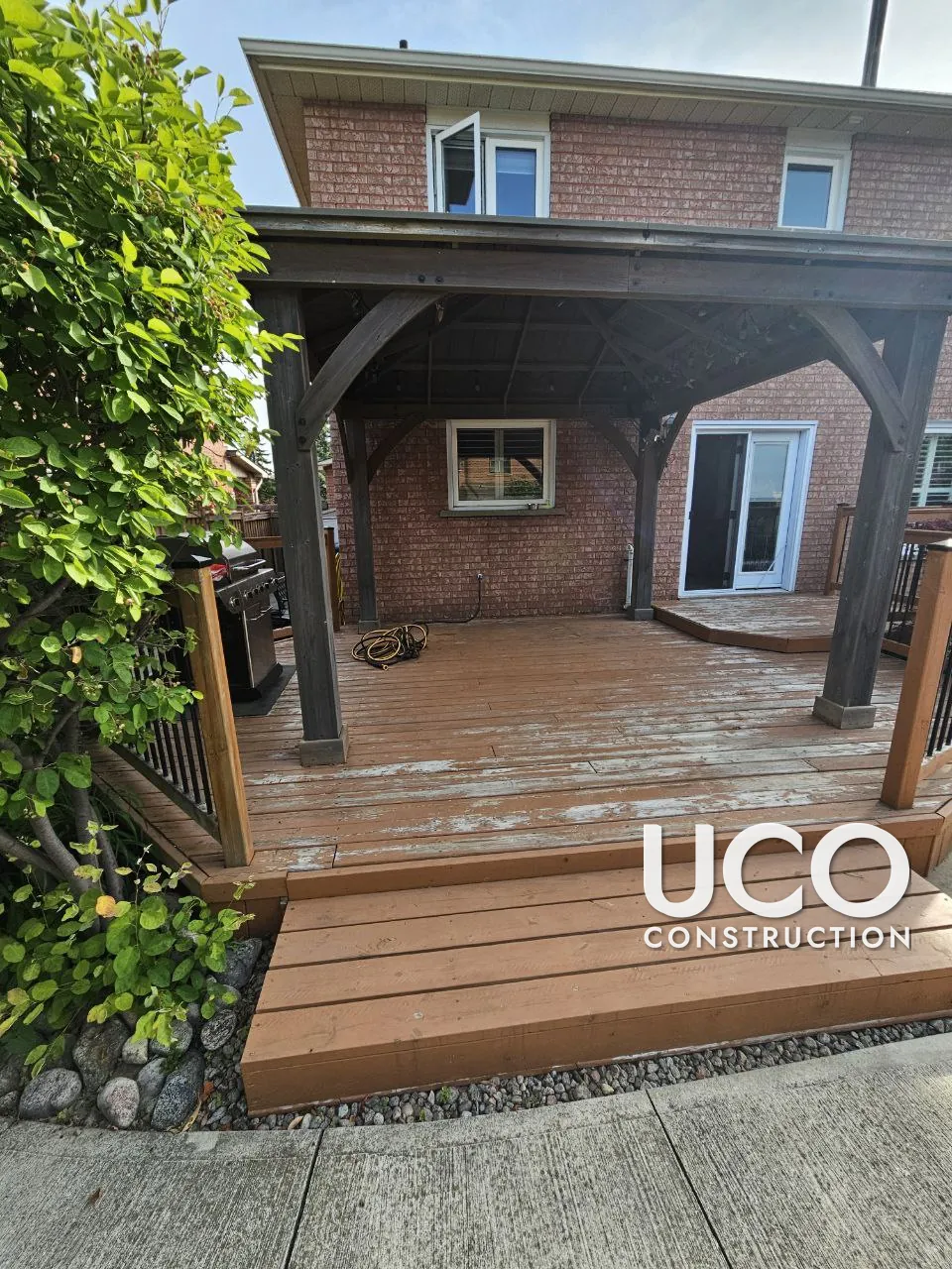 Deck and Gazebo Restoration in Bolton: Peeling Deck Stain Sanded Off, Wood Gazebo Posts and Brackets Refinished, Pool-Side Deck and Railings Stained in a Warm Oil-Based Stain