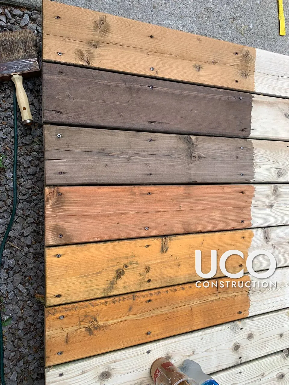 Deck Staining in Etobicoke: Weathered Grey Ground-Level Deck Pressure Washed, Sanded, Colour-Tested and Refinished in a Grey-Brown Oil-Based Stain