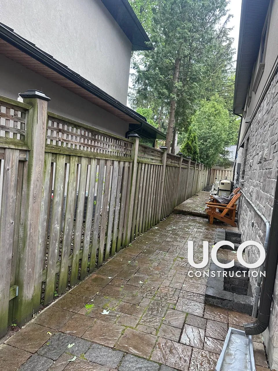 Fence Staining in Etobicoke: Grey, Mildewed Lattice-Top Wood Fence Cleaned, Power Washed and Restored in a Cedar-Tone Stain