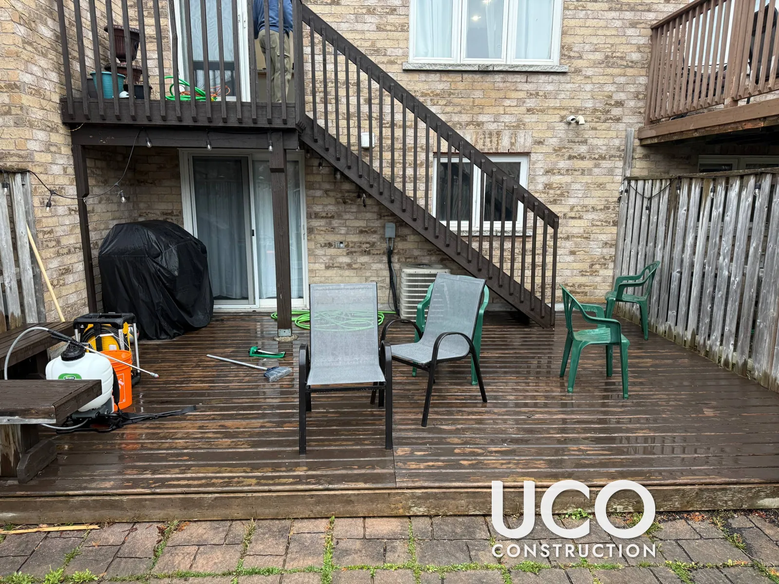 Deck Staining in Ajax: Dark, Peeling Deck Stain Sanded Off to Bare Wood and Refinished in a Warm Cedar Oil-Based Stain