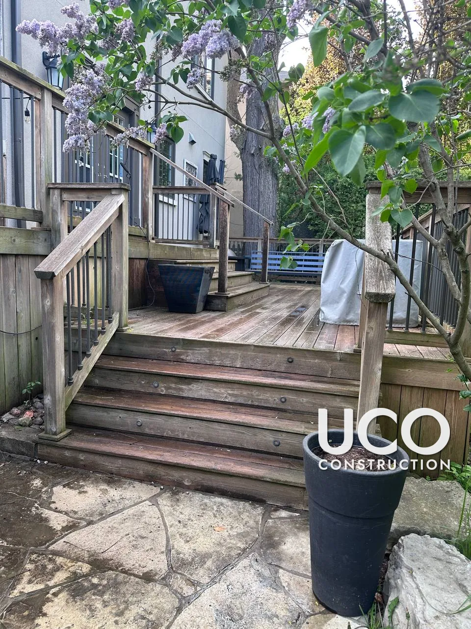 Deck Staining in Toronto: Weathered Two-Level Deck, Stairs and Railings Sanded and Refinished in a Modern Greige Stain
