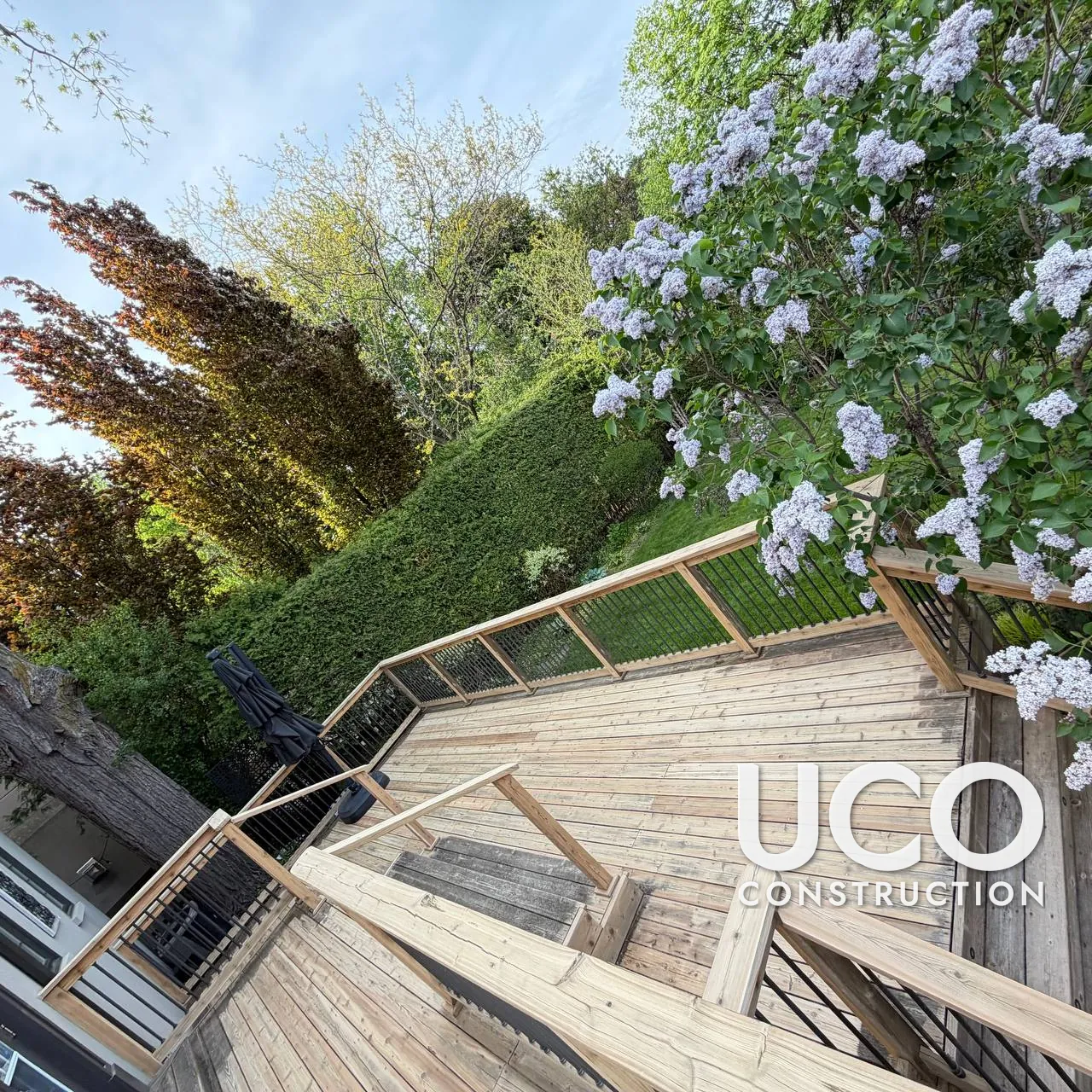 Deck Staining in Toronto: Weathered Two-Level Deck, Stairs and Railings Sanded and Refinished in a Modern Greige Stain