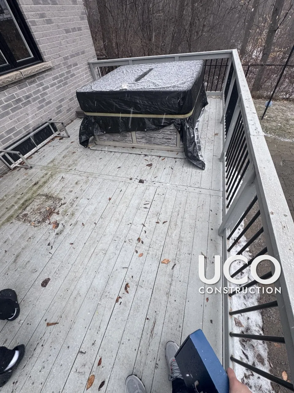 Deck Staining in Richmond Hill: Grey, Mildewed Hot Tub Deck Sanded and Refinished in a Rich Dark Brown Stain