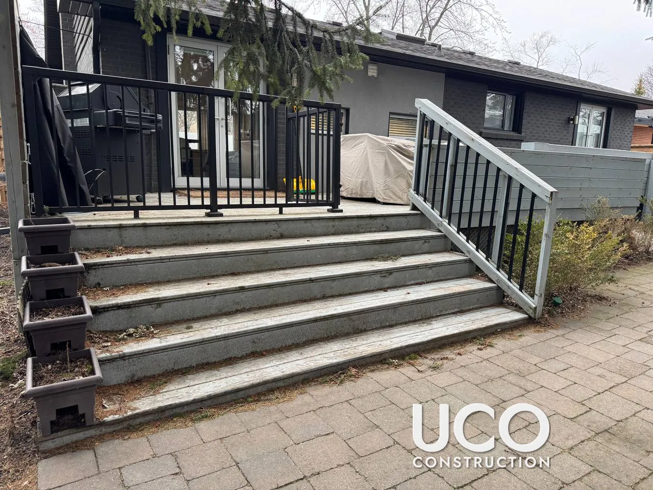 Deck Staining in Oakville: Worn Grey Deck, Wide Stairs and Privacy Screens Refinished in a Warm Golden Cedar Stain