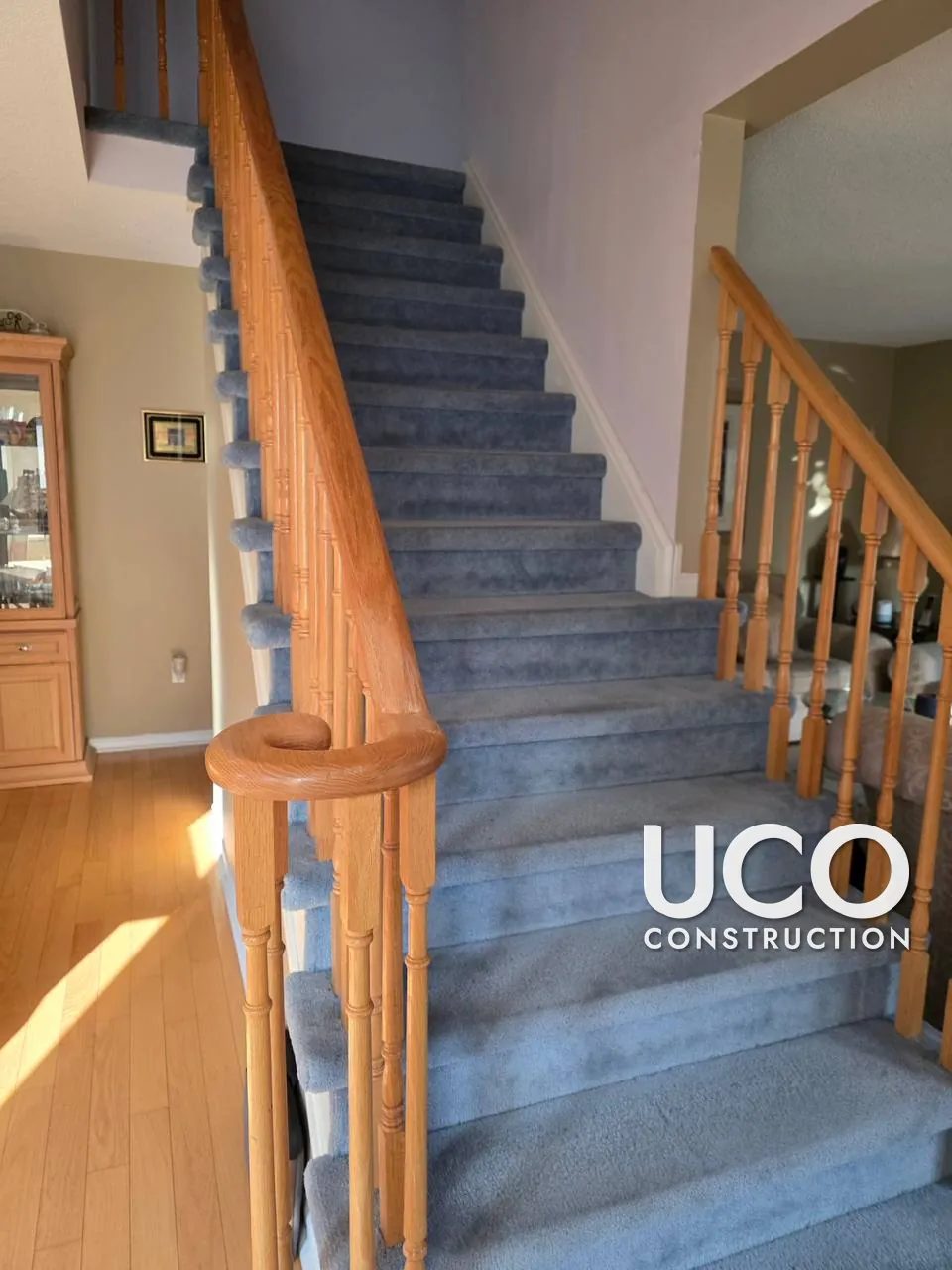 Carpet to Hardwood Stairs in Brampton: Carpeted Staircase Converted to Solid Oak Treads With White Risers and White Spindles
