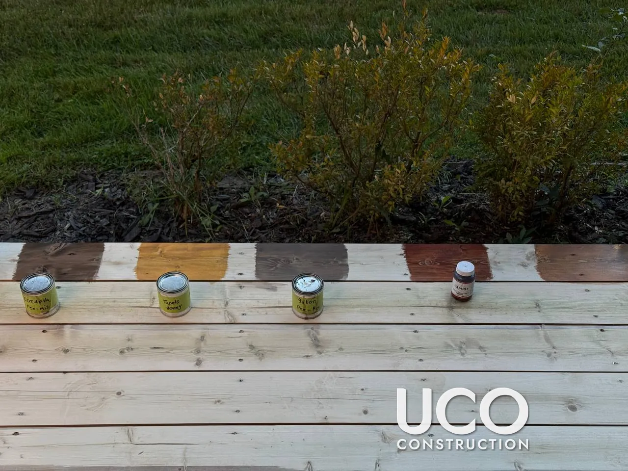 Deck Staining in Ajax: Two-Level Deck With Staircase, Railings and Lower Patio Deck Stained After Colour Sampling