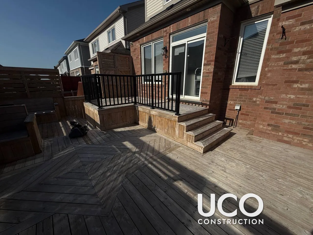 Deck Staining in Oshawa: Large Deck With Diamond Inlay, Built-In Benches and Privacy Screens Sanded and Stained