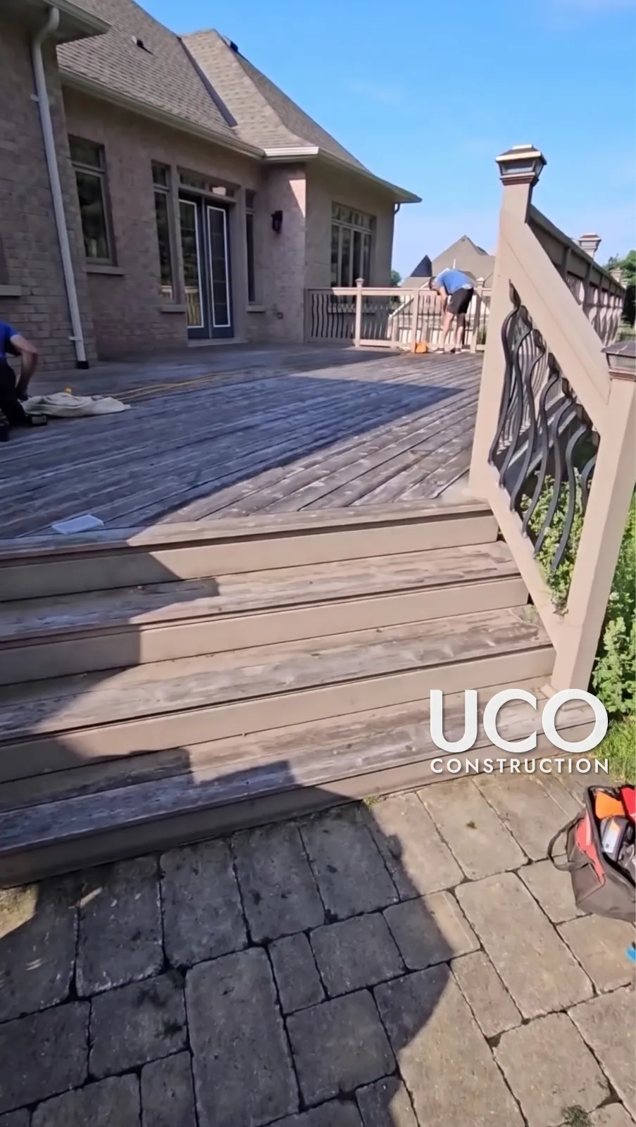 Deck Staining in Bradford: Large Raised Deck and Wide Stairs Sanded and Refinished in a Natural Stain
