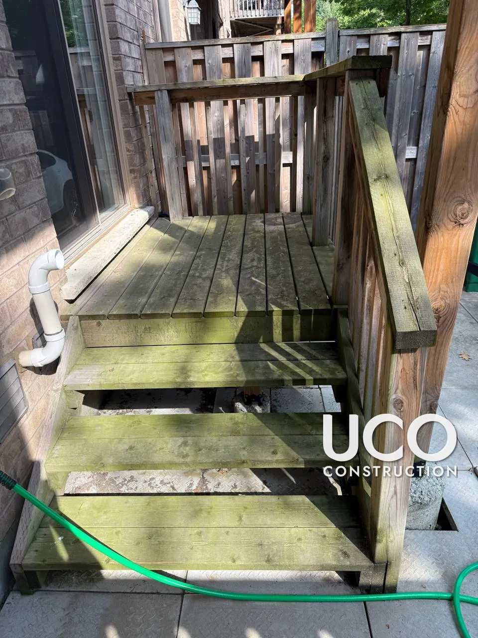 Deck Restoration in Mississauga: Mossy Green Deck Landing, Stairs and Railings Power Washed, Sanded and Stained