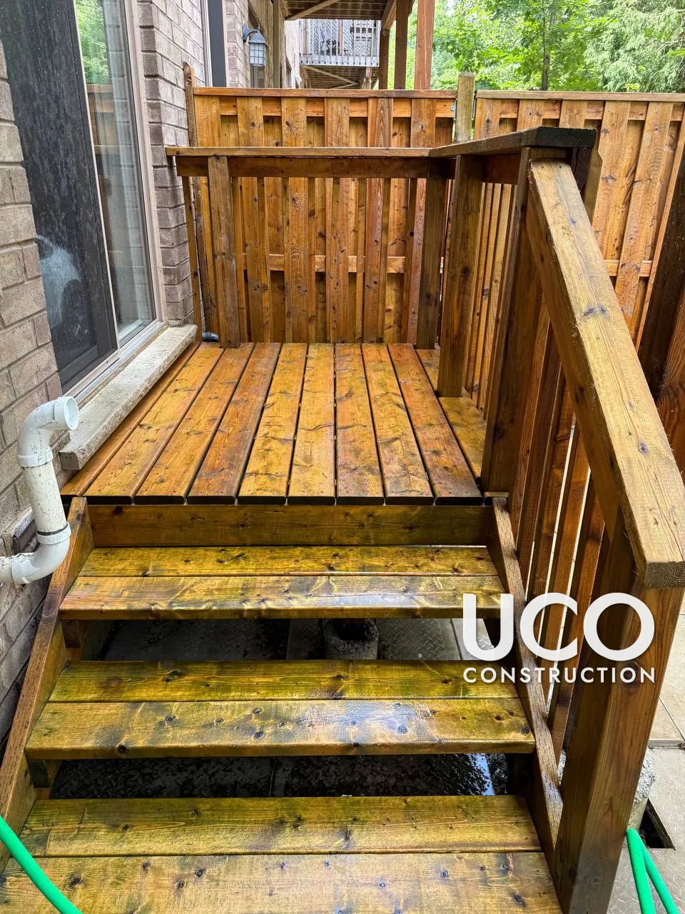 Deck Restoration in Mississauga: Mossy Green Deck Landing, Stairs and Railings Power Washed, Sanded and Stained