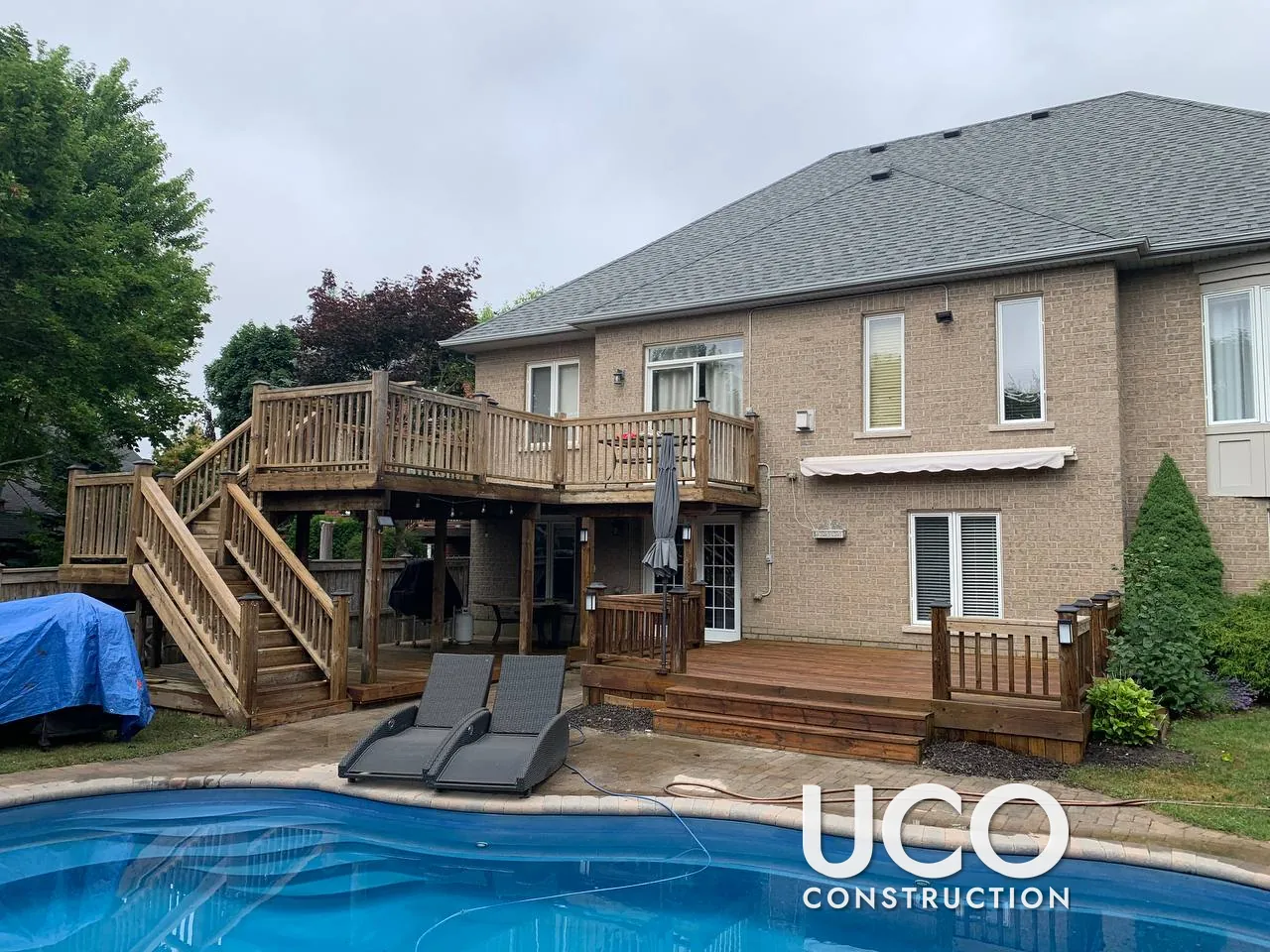 Deck Restoration in Uxbridge: Two-Level Pool Deck, Staircase and Railings Cleaned, Power Washed, Sanded and Stained