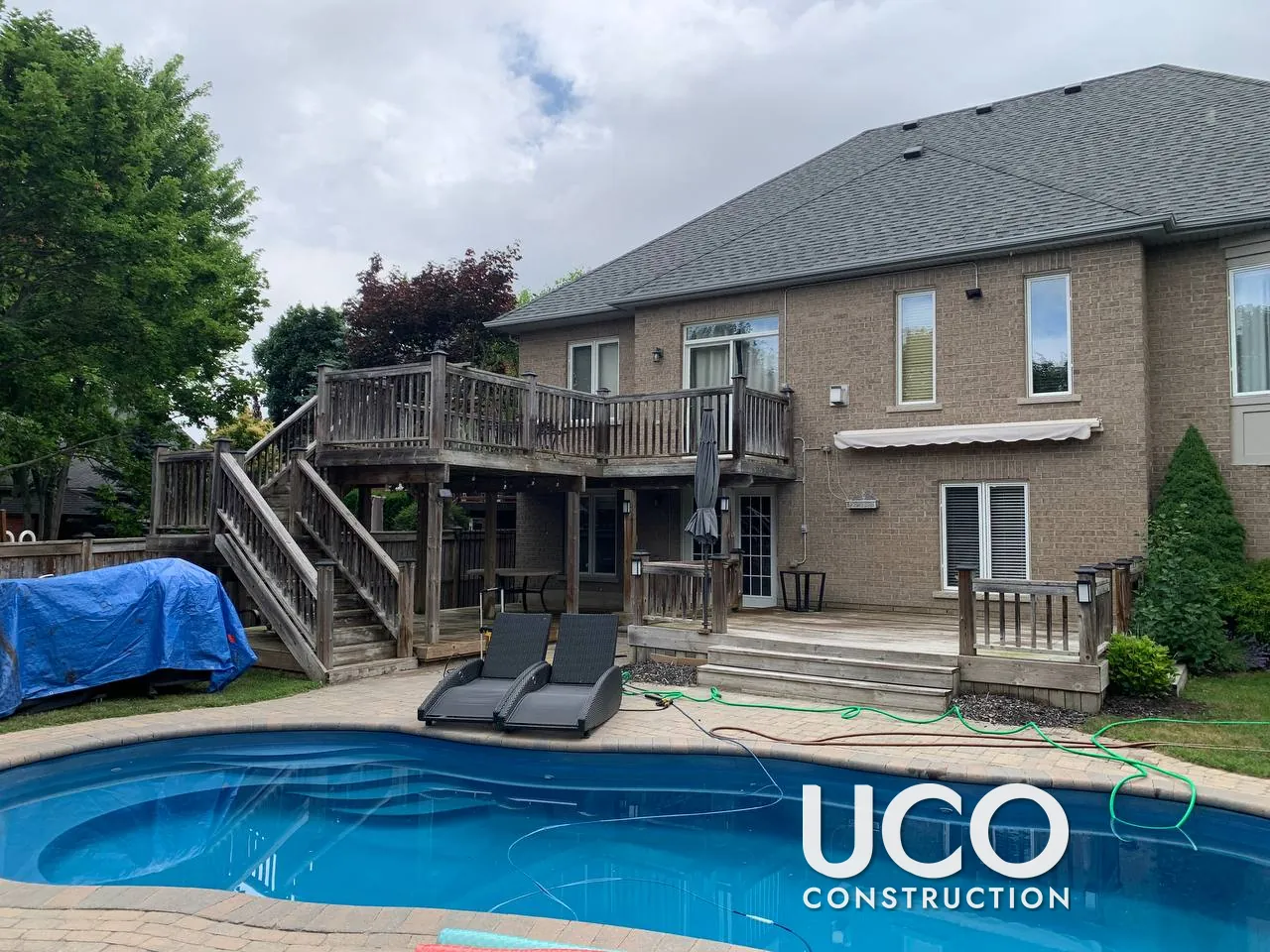 Deck Restoration in Uxbridge: Two-Level Pool Deck, Staircase and Railings Cleaned, Power Washed, Sanded and Stained