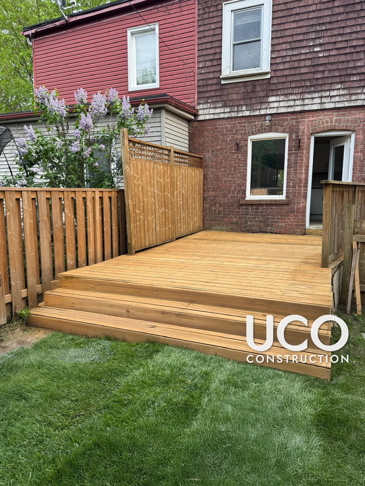 Deck Staining in Toronto: Backyard Deck, Wide Steps and Lattice Privacy Screen Cleaned, Power Washed, Sanded and Stained