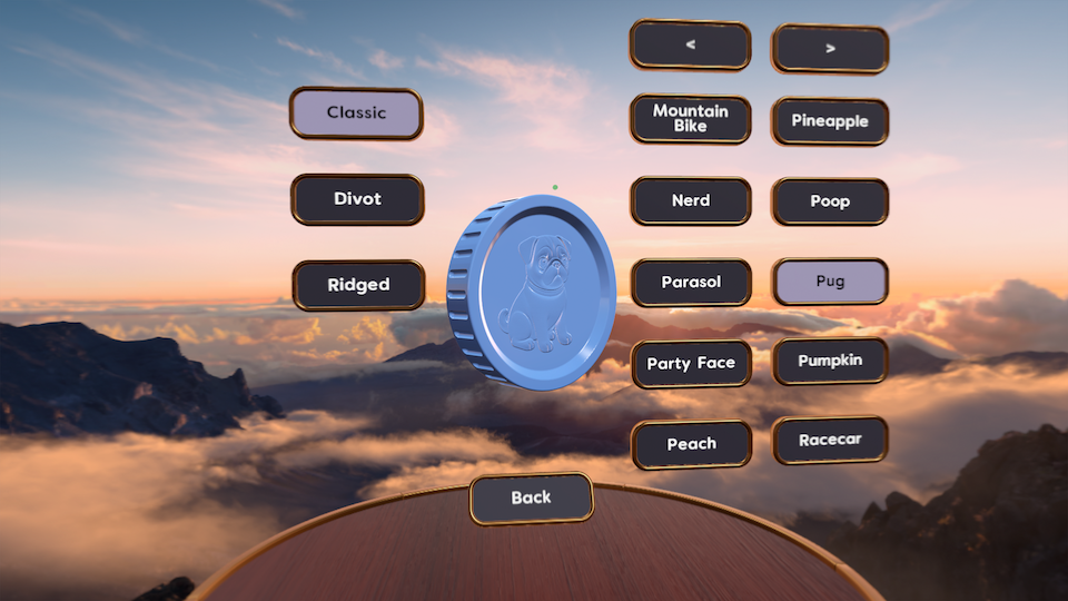 A TacTile tile enlarged in the center of the screen. It has a pug embossed in the center and has divots all along the edge.

To the sides are selections for the tile style and the emboss style.

In the background is a sunset from a mountain top.