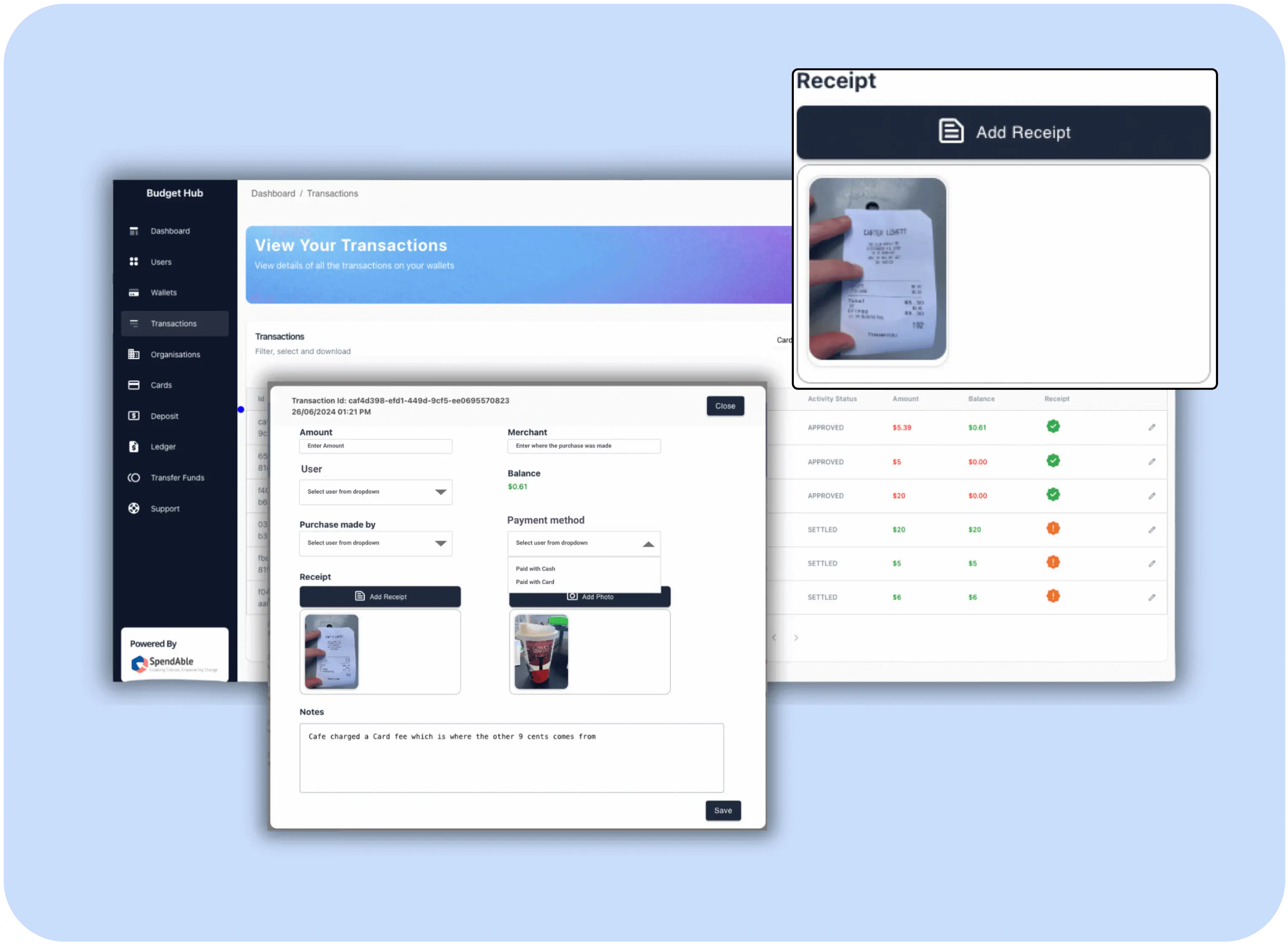 Transactions and reporting page in the spendAble disability money management app displaying receipts, balances, and detailed spending records.