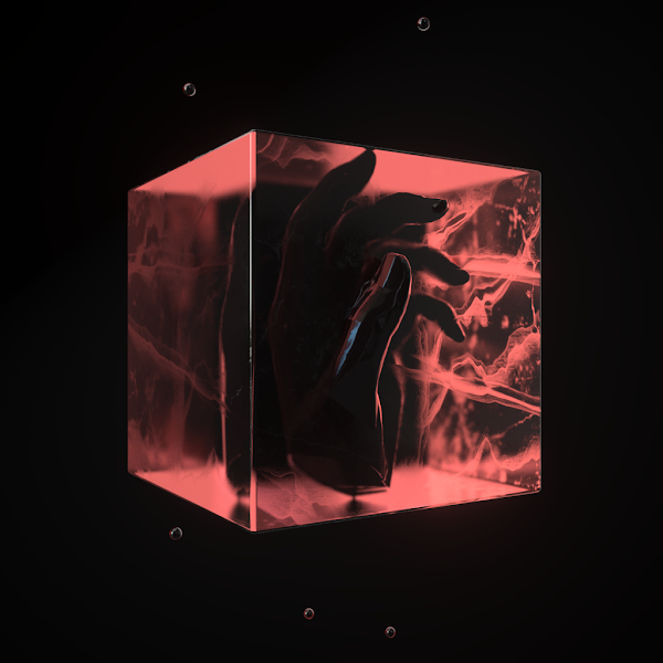 glowing red crystal with a hand figure inside on a black background