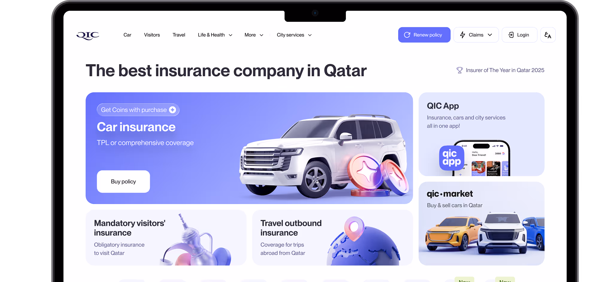 QIC insurance website homepage on tablet showing car insurance, visitor insurance, travel insurance, QIC app, and qic market for buying and selling cars in Qatar.