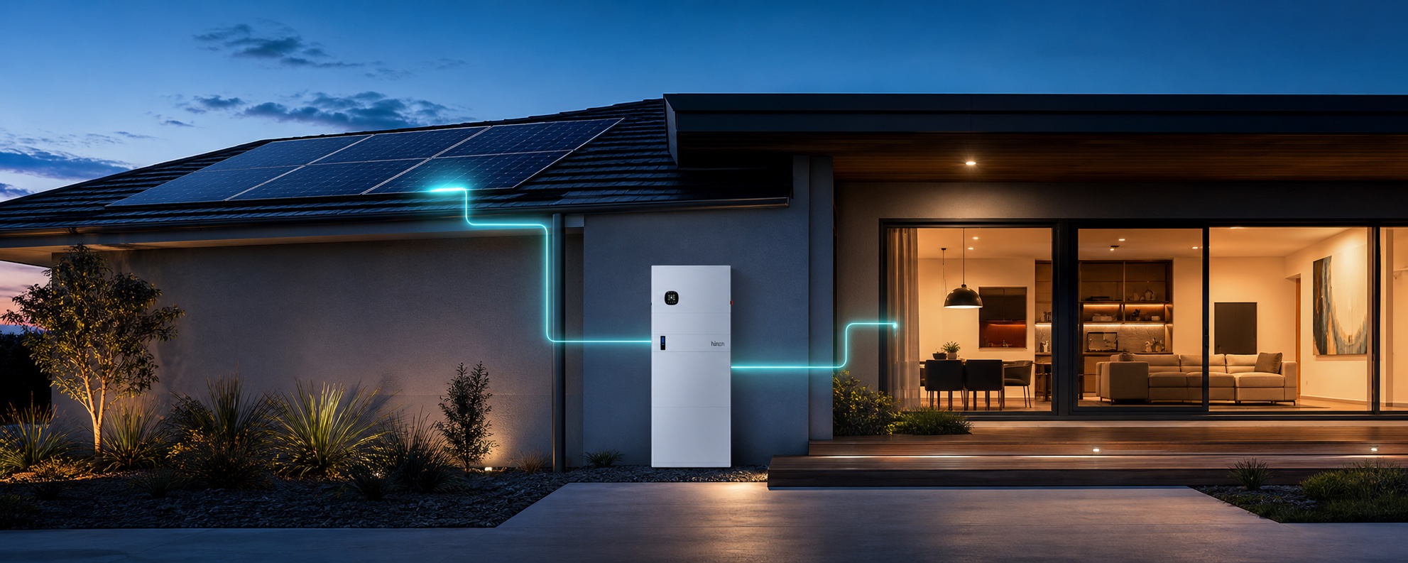 Rooftop solar charging a Hinen home battery beside an Australian home at dusk