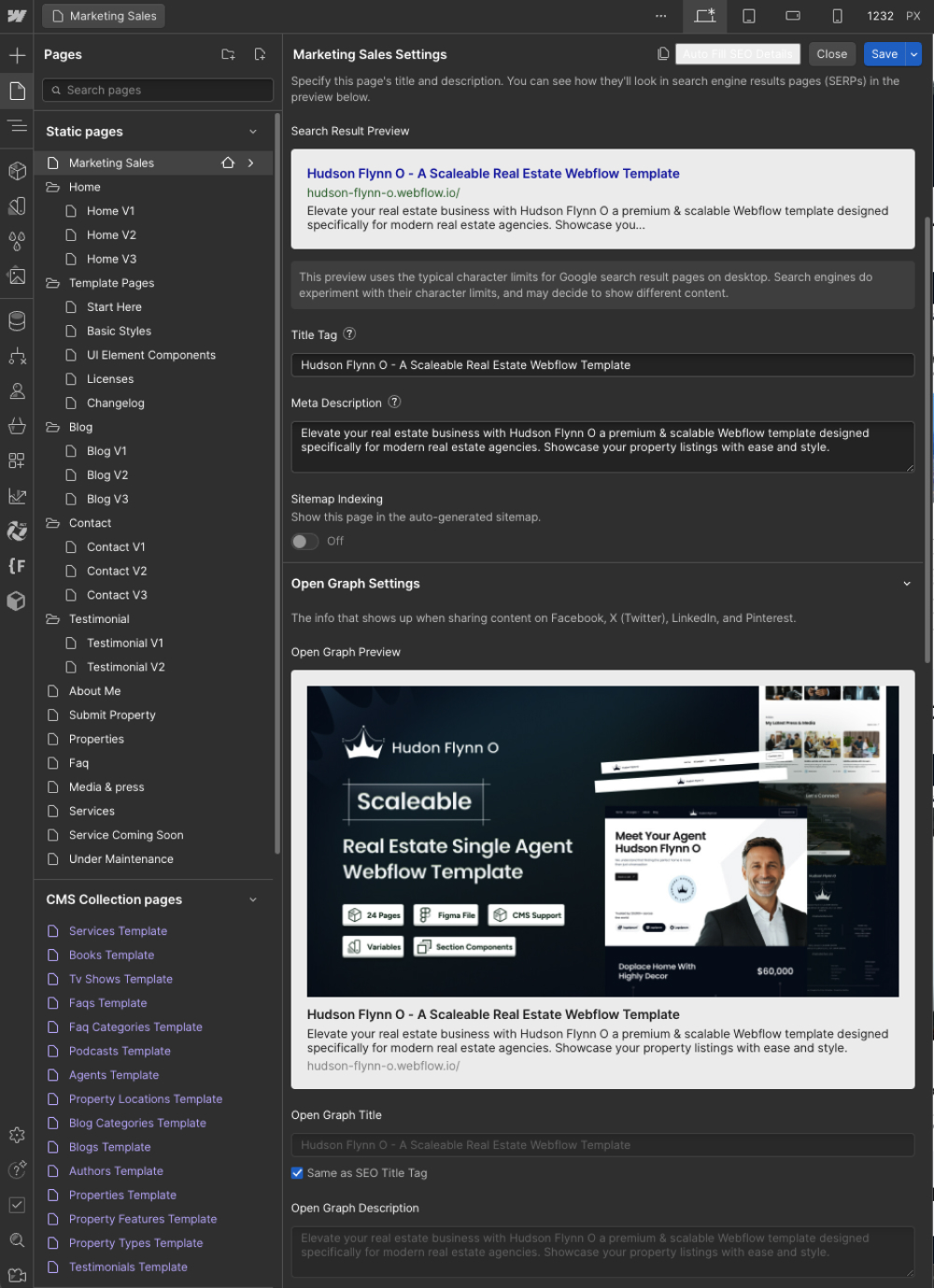Webflow Seo Settings - Hudson Flynn O - A Scaleable Real Estate Webflow Template