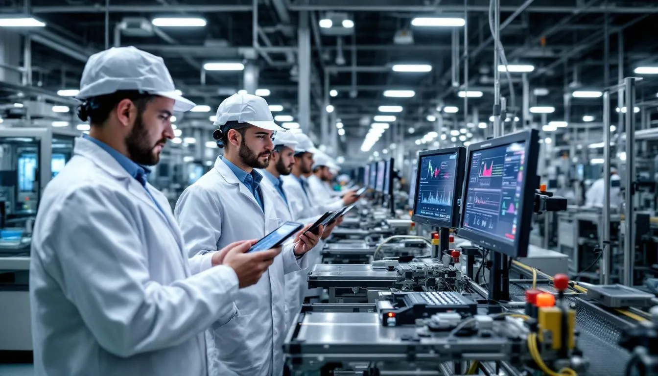 L'immagine raffigura un reparto di produzione molto attivo, dove gli operatori monitorano costantemente le prestazioni delle attrezzature e raccolgono dati in tempo reale per migliorare l'efficacia complessiva delle attrezzature (OEE). Questo ambiente sottolinea l'importanza dell'elaborazione dei dati e degli indicatori chiave di prestazione nel processo di produzione, con l'obiettivo di massimizzare il tempo di produzione effettivo ed eliminare gli sprechi.