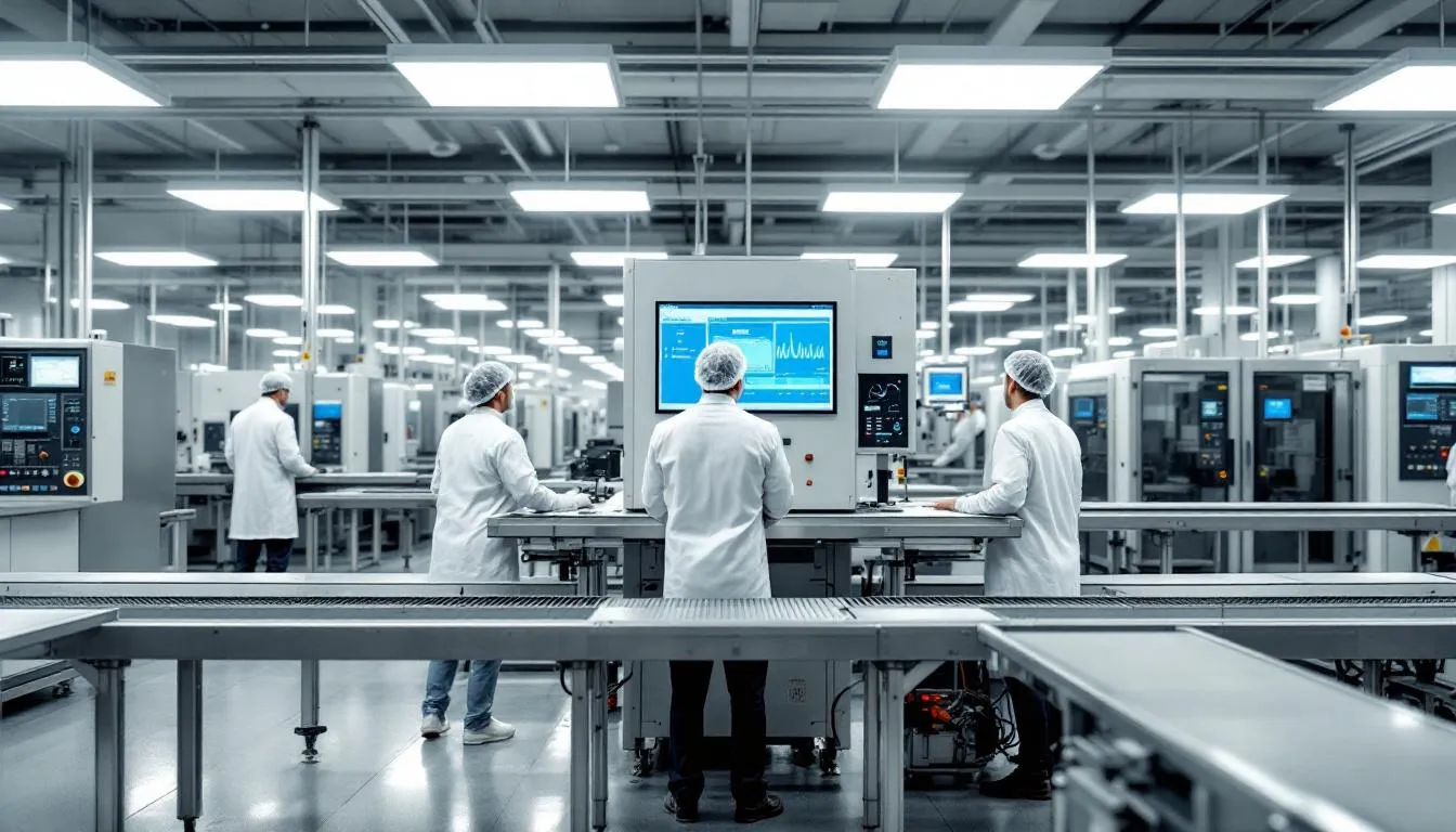 L'immagine raffigura un reparto di produzione molto attivo, dove gli operai sono impegnati nel monitoraggio delle prestazioni dei macchinari industriali, sottolineando l'importanza della gestione delle prestazioni degli asset e dell'efficienza operativa. Questa scena evidenzia l'importanza della gestione degli asset fisici e il ruolo dei team di manutenzione nel garantire l'affidabilità e la disponibilità degli asset.