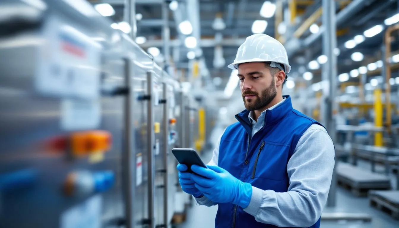 Un tecnico industriale sta utilizzando un dispositivo mobile per scansionare le attrezzature in uno stabilimento di produzione, facilitando la raccolta di dati in tempo reale per la gestione delle risorse aziendali e ottimizzando i processi di manutenzione. Questa azione migliora le prestazioni delle risorse e supporta la gestione delle risorse fisiche all'interno dello stabilimento.
