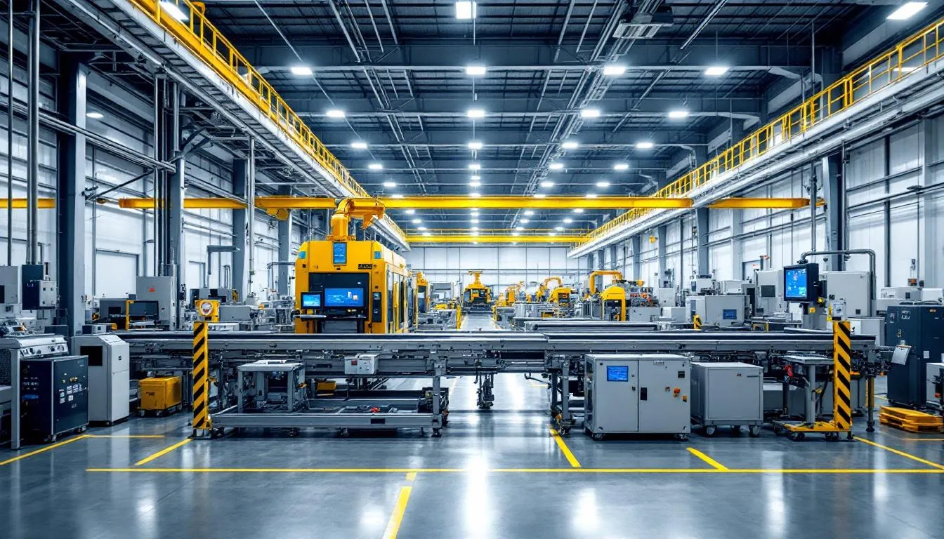 L'immagine raffigura un moderno impianto industriale dotato di varie attrezzature di produzione e sistemi di monitoraggio avanzati, che mostra l'integrazione delle pratiche di gestione delle risorse aziendali (EAM). Questo ambiente pone l'accento sull'efficienza operativa e sulla gestione delle prestazioni delle risorse, sottolineando l'importanza della manutenzione delle risorse critiche e dell'ottimizzazione dei processi di manutenzione.