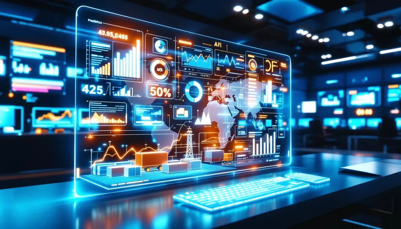 L'immagine raffigura una visualizzazione avanzata basata sull'intelligenza artificiale che mostra l'analisi predittiva nelle supply chain , evidenziando informazioni chiave sulla gestione dell'inventario e sulla previsione della domanda. Illustra come l'apprendimento automatico e l'analisi dei dati in tempo reale possano ottimizzare supply chain e migliorare l'efficienza operativa nelle catene di approvvigionamento globali.