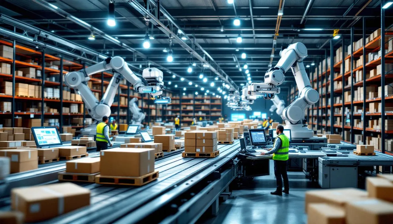 L'immagine raffigura un moderno magazzino dotato di sistemi di automazione avanzati e tecnologia integrata, che mostra come gli strumenti supply chain migliorino l'efficienza e semplifichino i processi. Sono visibili varie macchine e interfacce software che illustrano l'uso dell'analisi dei dati in tempo reale e della gestione dell'inventario per ottimizzare supply chain .