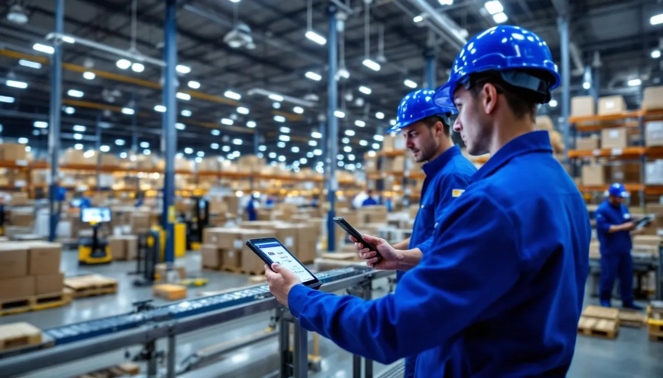 L'immagine mostra alcuni addetti al magazzino che utilizzano dispositivi portatili per tracciare le scorte, sfruttando tag RFID e sensori collegati in tutta la struttura. Questa scena illustra l'integrazione della tecnologia IoT industriale nella gestione delle scorte, migliorando l'efficienza operativa e supportando pratiche di produzione intelligenti.