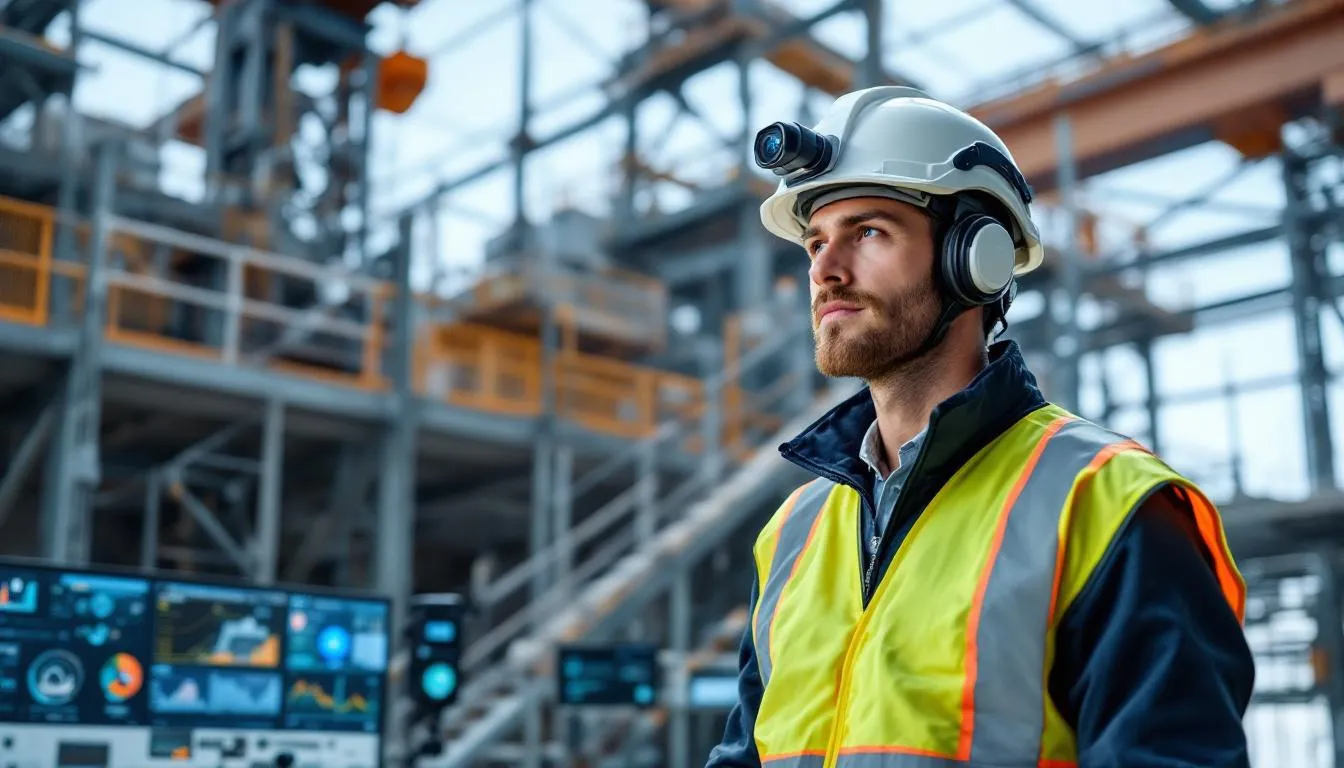 Un operaio edile indossa un casco intelligente e un giubbotto di sicurezza dotato di sensori in un ambiente industriale, circondato da apparecchiature di monitoraggio. Questa scena evidenzia l'integrazione dei dispositivi IoT industriali volti a migliorare l'efficienza operativa e la sicurezza dei lavoratori nelle moderne operazioni industriali.