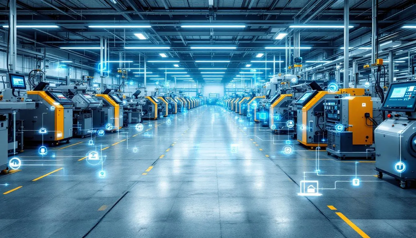 L'immagine raffigura un reparto industriale brulicante di sensori interconnessi e dispositivi intelligenti che monitorano vari macchinari. Questa configurazione è un esempio di applicazione dell'IoT industriale, che migliora l'efficienza operativa attraverso la manutenzione predittiva e la raccolta di dati in tempo reale per ottimizzare i processi di produzione.