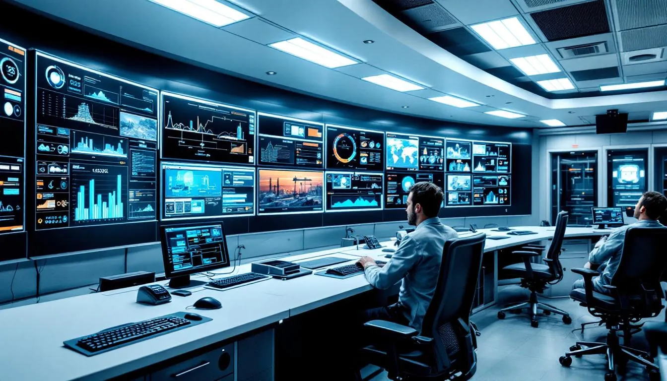 L'immagine raffigura una sala di controllo piena di monitor che visualizzano dati in tempo reale provenienti da vari impianti industriali remoti e apparecchiature collegate. Questa configurazione evidenzia l'integrazione dei sistemi IoT industriali per una maggiore efficienza operativa e una manutenzione predittiva nel settore industriale.