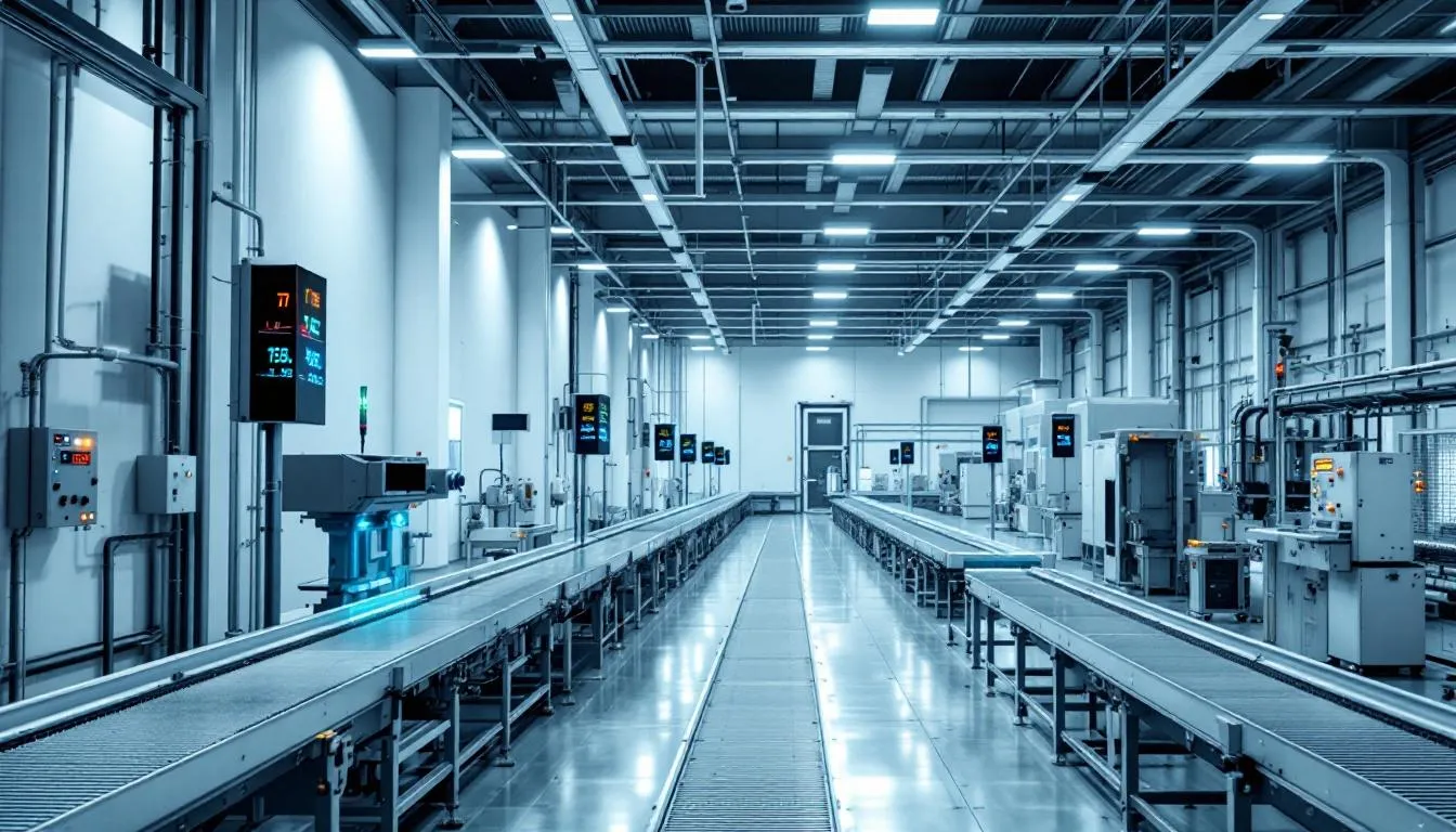 L'immagine raffigura un moderno impianto industriale dotato di vari sensori IoT e apparecchiature di monitoraggio progettate per la manutenzione predittiva. Questi strumenti avanzati aiutano i team di manutenzione a ottimizzare le prestazioni delle risorse prevenendo i guasti alle apparecchiature e riducendo al minimo i tempi di inattività non pianificati attraverso la raccolta e l'analisi dei dati.