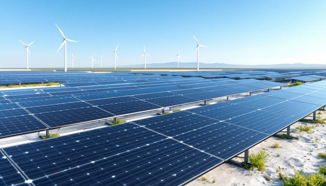 L'immagine raffigura un parco solare con diversi pannelli solari affiancati da turbine eoliche, tutti dotati di dispositivi IoT per il monitoraggio in tempo reale. Questa configurazione è un esempio di soluzioni IoT industriali volte a migliorare l'efficienza operativa e la manutenzione predittiva nella produzione di energia rinnovabile.