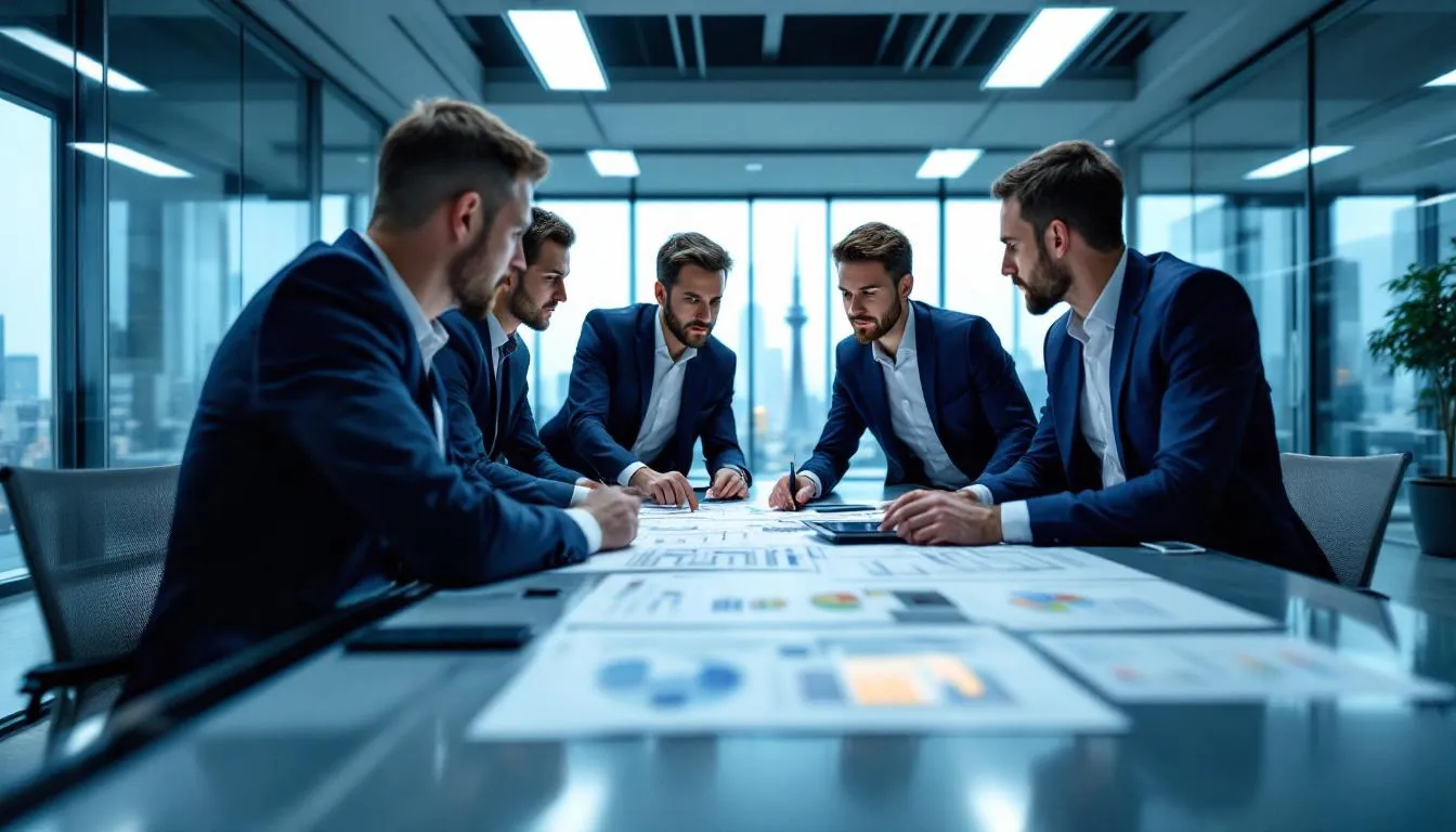 Un team eterogeneo di consulenti è riunito attorno a un tavolo per esaminare i piani relativi alle soluzioni IoT industriali e discutere l'implementazione dei dispositivi IoT in varie operazioni industriali. Il loro obiettivo è ottimizzare l'analisi dei dati e le strategie di manutenzione predittiva per migliorare l'efficienza operativa e raggiungere gli obiettivi aziendali.