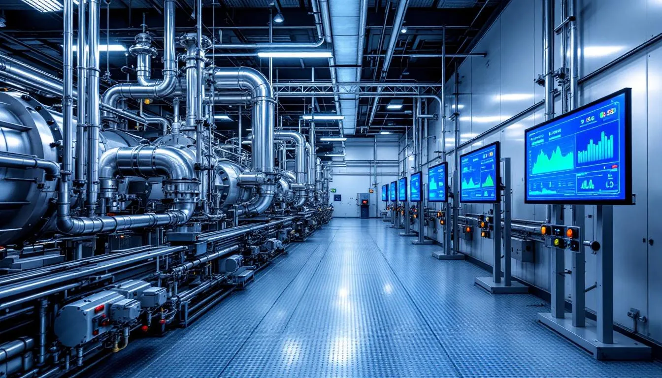 L'immagine raffigura apparecchiature industriali collegate dotate di display di monitoraggio in tempo reale che mostrano vari parametri prestazionali, evidenziando le capacità delle soluzioni IoT industriali per migliorare l'efficienza operativa e la manutenzione predittiva negli ambienti di produzione.