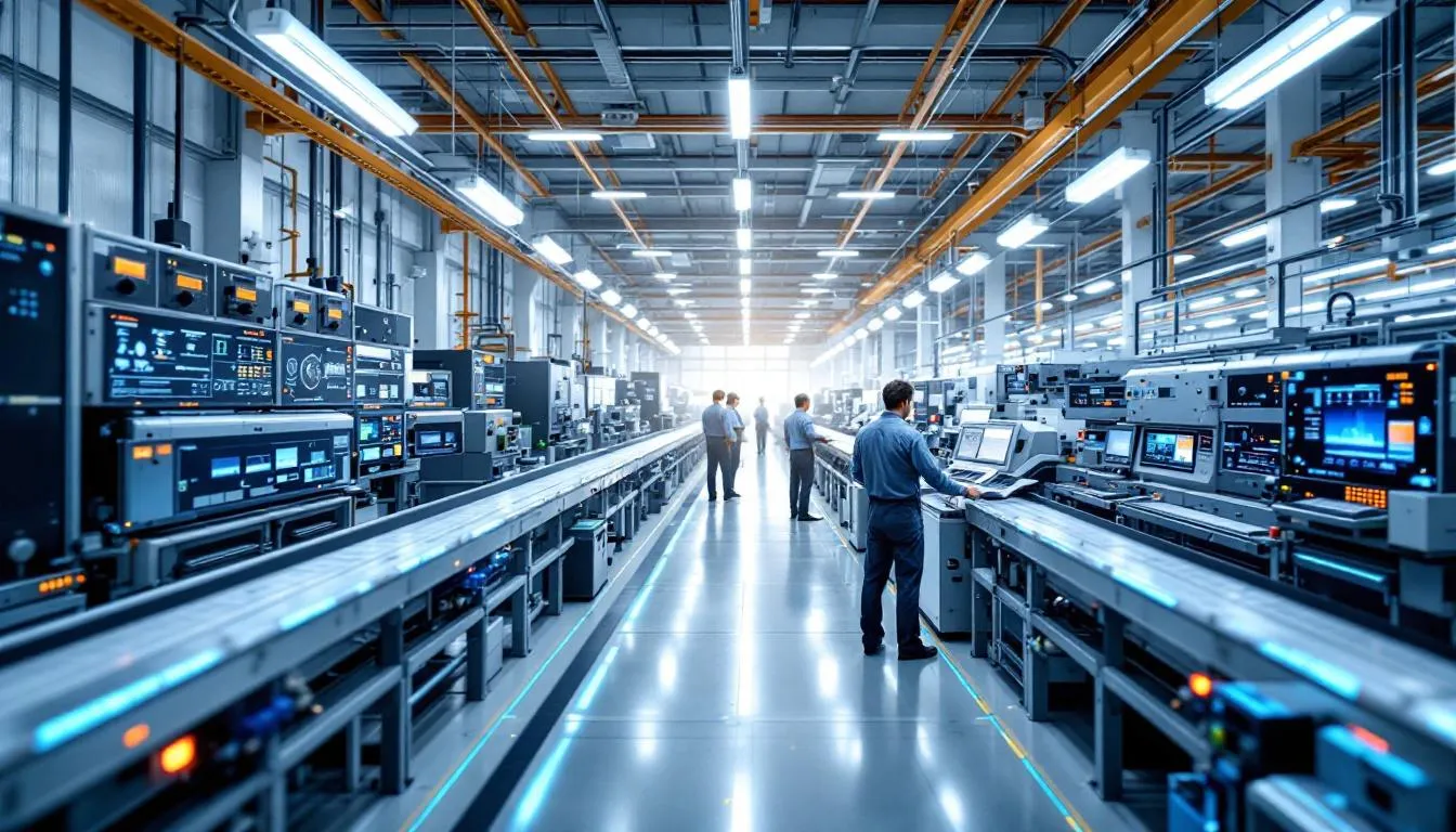 L'immagine raffigura un impianto industriale dotato di vari dispositivi IoT e apparecchiature connesse che monitorano attivamente le linee di produzione. Questa configurazione mostra soluzioni IoT industriali avanzate che migliorano l'efficienza operativa attraverso l'analisi dei dati in tempo reale e la manutenzione predittiva.