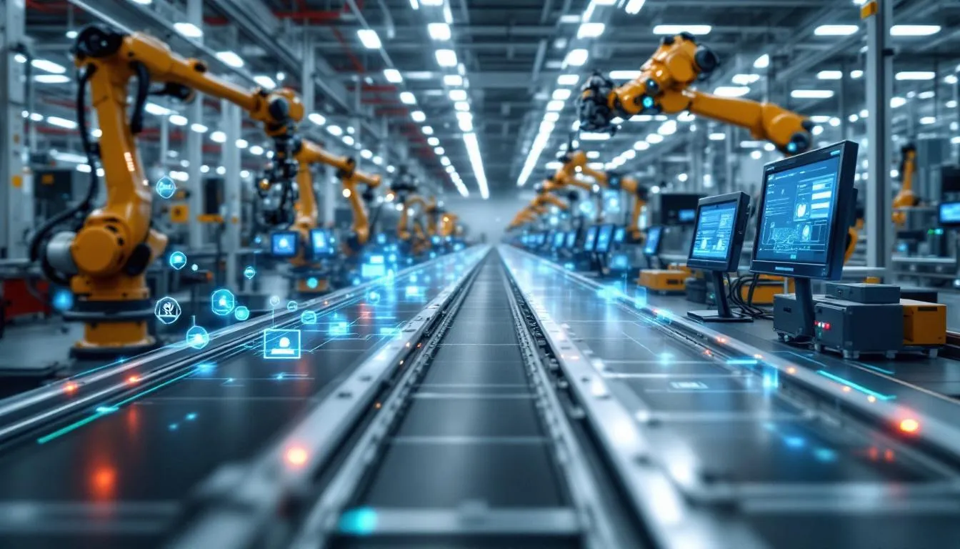 L'immagine raffigura un reparto produttivo intelligente pieno di dispositivi IoT e sensori interconnessi che monitorano attivamente le apparecchiature industriali. Questa configurazione avanzata migliora l'efficienza operativa e supporta la manutenzione predittiva raccogliendo dati in tempo reale sui processi di produzione e sulle prestazioni delle apparecchiature.