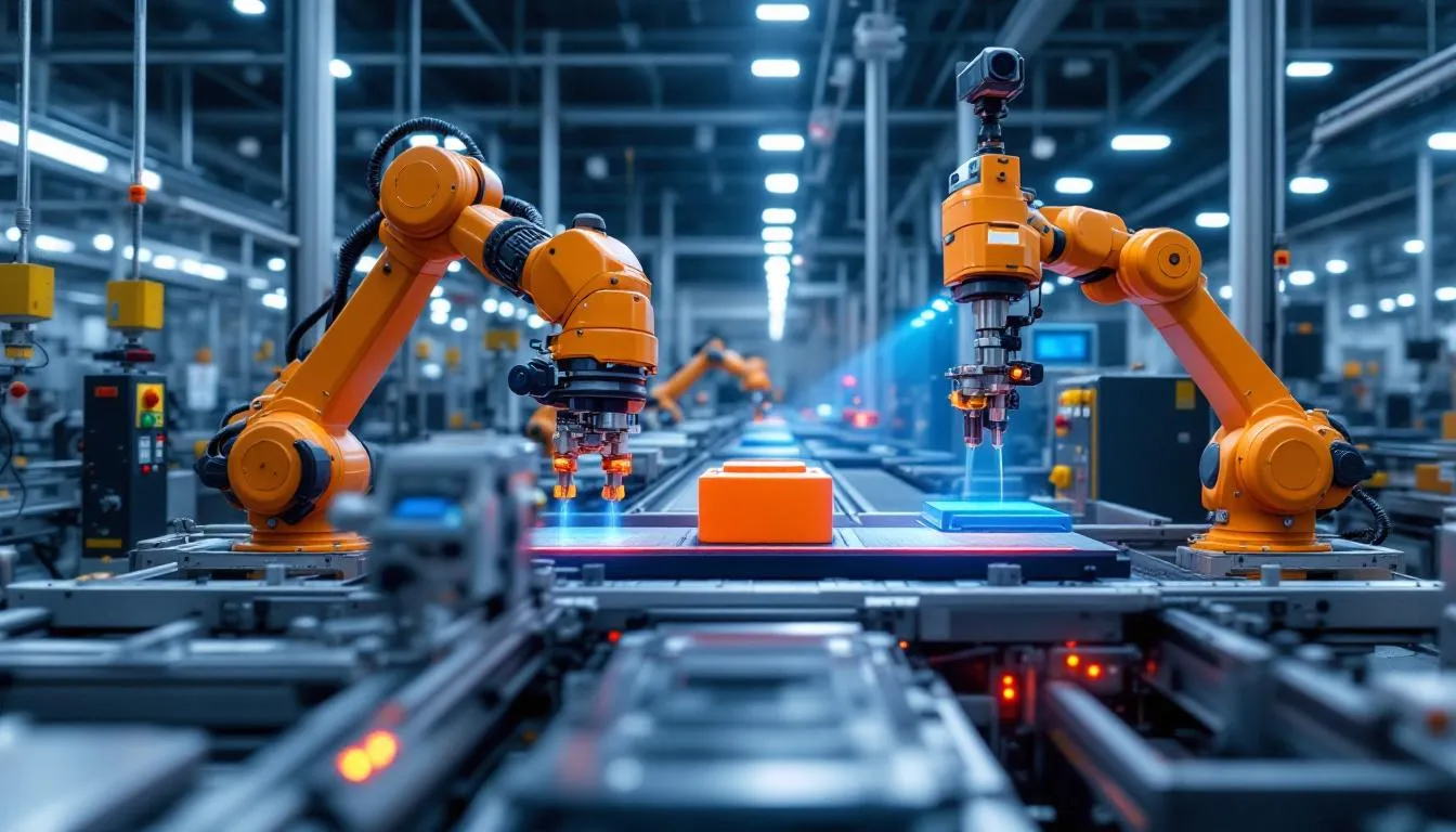 L'immagine raffigura una linea di produzione avanzata dotata di sensori IoT e sistemi automatizzati di controllo qualità, che mostra l'integrazione delle tecnologie IoT nell'automazione industriale. Questa configurazione migliora l'efficienza operativa utilizzando dati in tempo reale per la manutenzione predittiva e l'ottimizzazione dei processi di produzione.